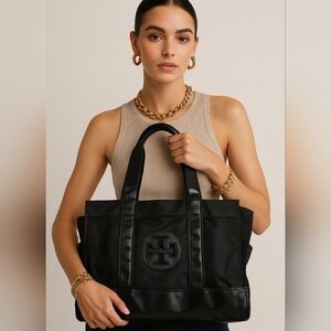 TORY BURCH Handbag/Nylon/Enamel/BLK/Black/Solid Color Black Nylon/Pate